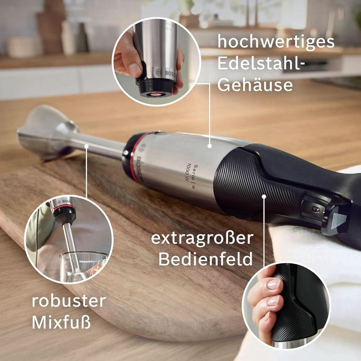 Bosch Stabmixer Ergomaster Serie 6 MSM6M623, 10 Jahre Motorgarantie, Edelstahl-Klingen, Verschleiãÿfreie Keramik-Kupplung, Luftkühlung, Zerkleinerer, Kartoffelstampfer, Schneebesen, 1000 W, Edelstahl Bucatarie Naty Shop