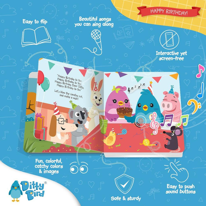 DITTY BIRD Baby Sound Book: Prima noastră aniversare interactivă. Jucărie pentru bebeluși 10 butoane sonore cu sunet, cântece și muzică. Carte de cântece interactivă pentru învățarea copiilor bilingvi engleză de la 1 an. Jucarii Bebe Naty Shop