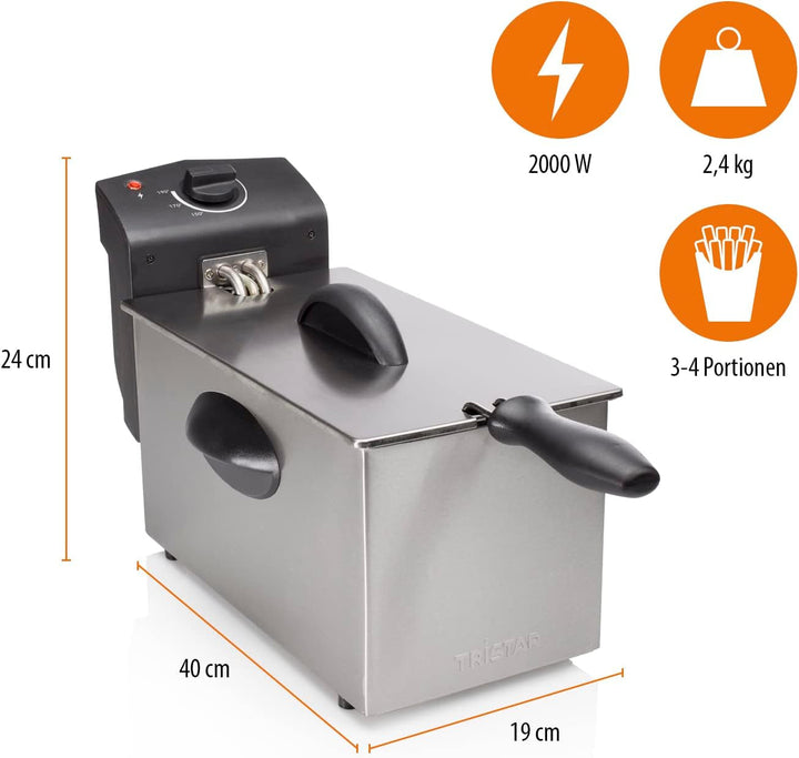 Tristar friteuză cu ulei FR-6935, 2000 wați, 3 litri, termostat, zonă rece, 3-4 persoane, metalic Electrocasnice Naty Shop