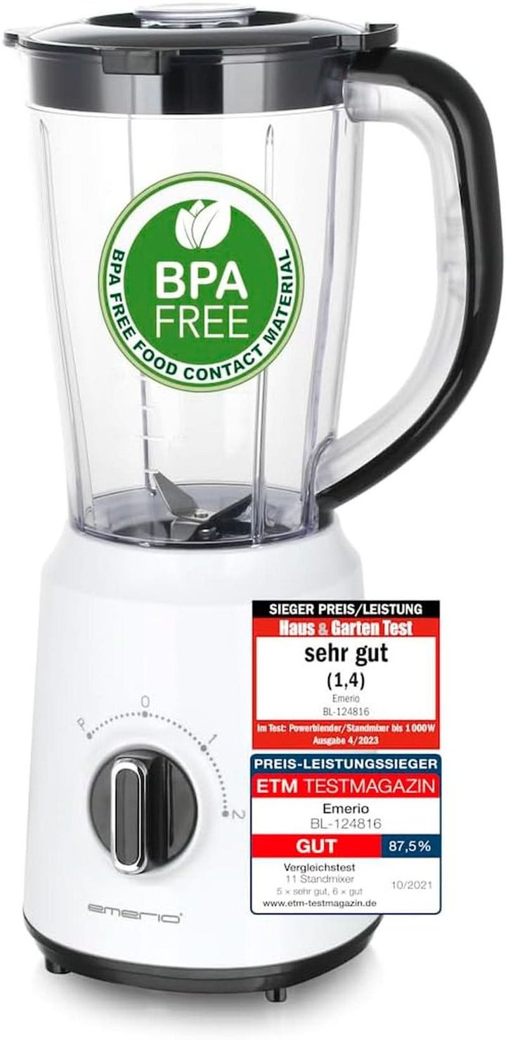 Emerio Standmixer BPA Frei Crush Ice Funktion 1.5L Behälter 2 Geschwindigkeiten + Pulse Funktion Messereinheit Aus Edelstahl Sicherheitsschalter Geschirrspülgeeignet 500 Watt BL-12816.8 Schwarz Bucatarie Naty Shop Weiß