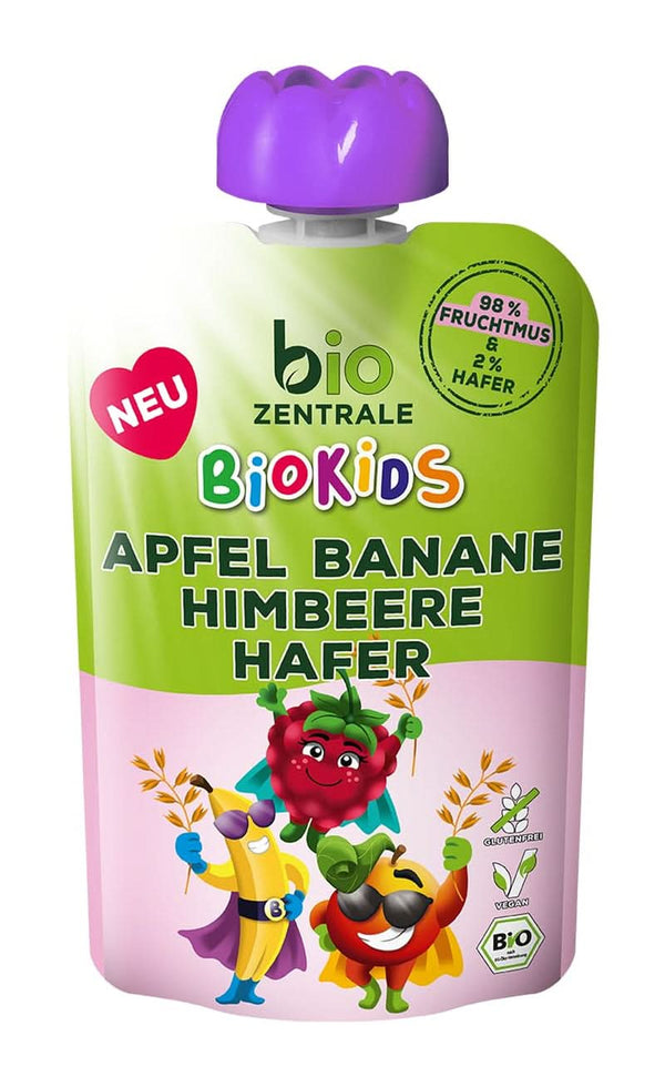 Biozentrale Biokids piure de fructe mere banane zmeură ovăz | 12X90G | Gustare cu fructe fără zahăr adăugat | Vegan Mama si Copilul Naty Shop