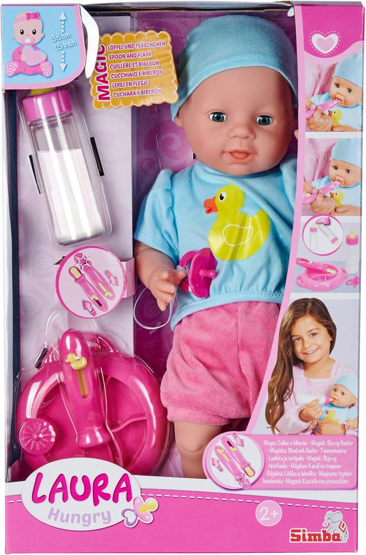 Simba 105010964 - Laura Hungry, păpușă cu corp moale, cu manechin, lingură magică, biberon cu conținut care dispare și farfurie mică, 38cm, păpușă de la 2 ani Papusi Naty Shop Singur