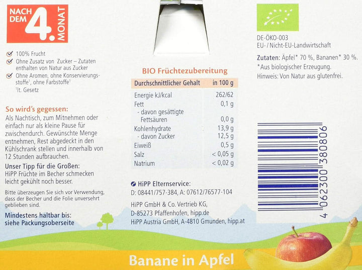 Hipp Fructe organice, Banane în piure de mere, pachet de 6 (6 x 400 g) Mama si Copilul Naty Shop