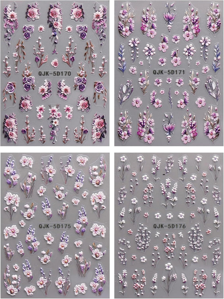 JMEOWIO 3D Nagelsticker Blumen Nail Art Sticker Selbstklebend Nagelaufkleber 5D Stereoskopisch Frühling Sommer Dekoration Nageldesign Zubehör 4 Blatt