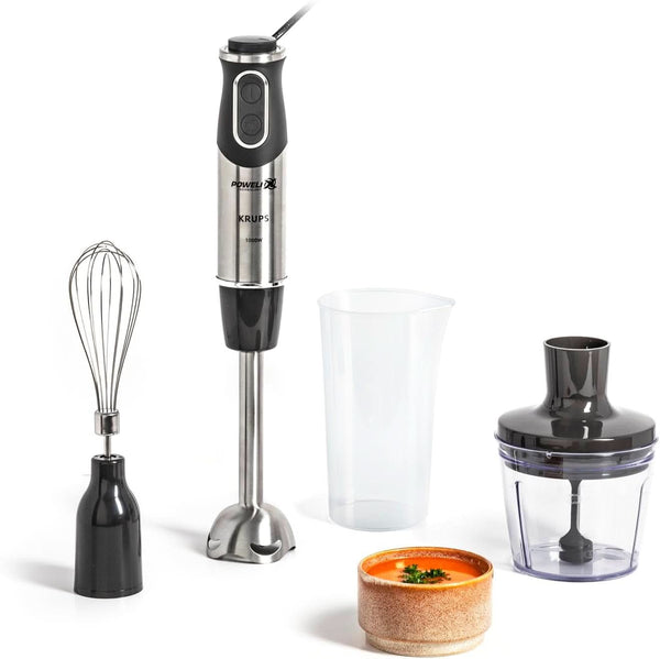 Krups Perfect Mix Stabmixer HZ6568 | Blender | 1000 Watt | Edelstahlfuß | 4 Extra Scharfe Messer | Powelix Technologie | Schneebesen | 500 Ml Zerkleinerer | 800 Ml Messbecher | Schwarz/Silber Bucatarie Naty Shop