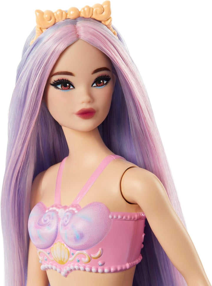 Păpușă sirenă Barbie cu păr fantezie în roz și lila cu bentiță, păpușă cu partea de sus din scoică și aripioară din coadă albastru lavanda, HRR06 Papusi Naty Shop