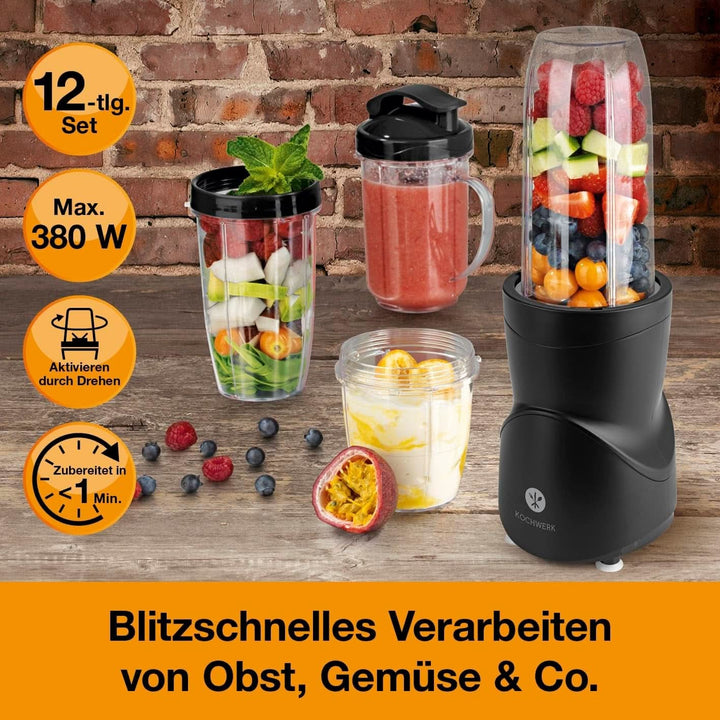 Smoothie Maker 12-Tlg | To-Go Deckel & 4 Mixbehälter | Für Obst, Gemüse & Nüsse | Mit Ice-Crush Funktion | Mini-Standmixer Zum Mixen, Rühren, Zerkleinern, Mahlen, Hacken & Pürieren | Bpa-Frei Bucatarie Naty Shop