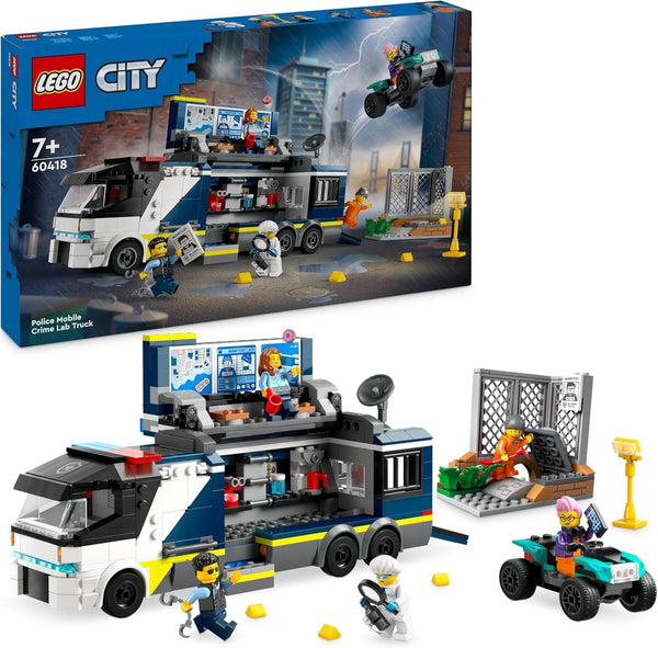 Camion de poliție LEGO City cu laborator, set de poliție cu quad și camion de jucărie pentru copii, cadou pentru băieți și fete de la 7 ani, plus 5 minifigurine - 2 polițiști, 1 om de știință și 2 escroci 60418 Seturi de constructie Besuche den LEGO-Store Singur