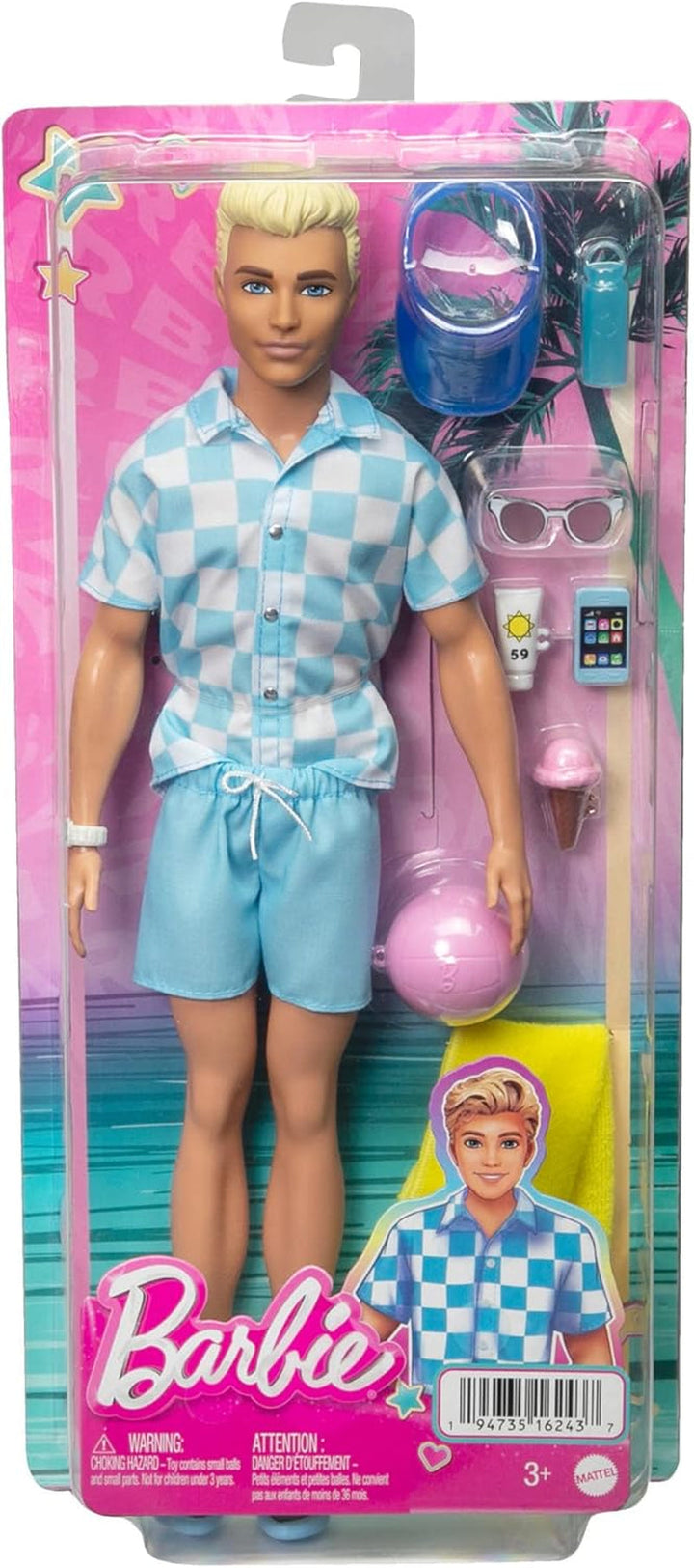 Barbie Ken - păpușă blondă cu cămașă albastră și costum de baie, accesorii de plajă și minge de plajă pentru jocuri creative, pentru copii de la 3 ani, HPL74 Papusi Naty Shop