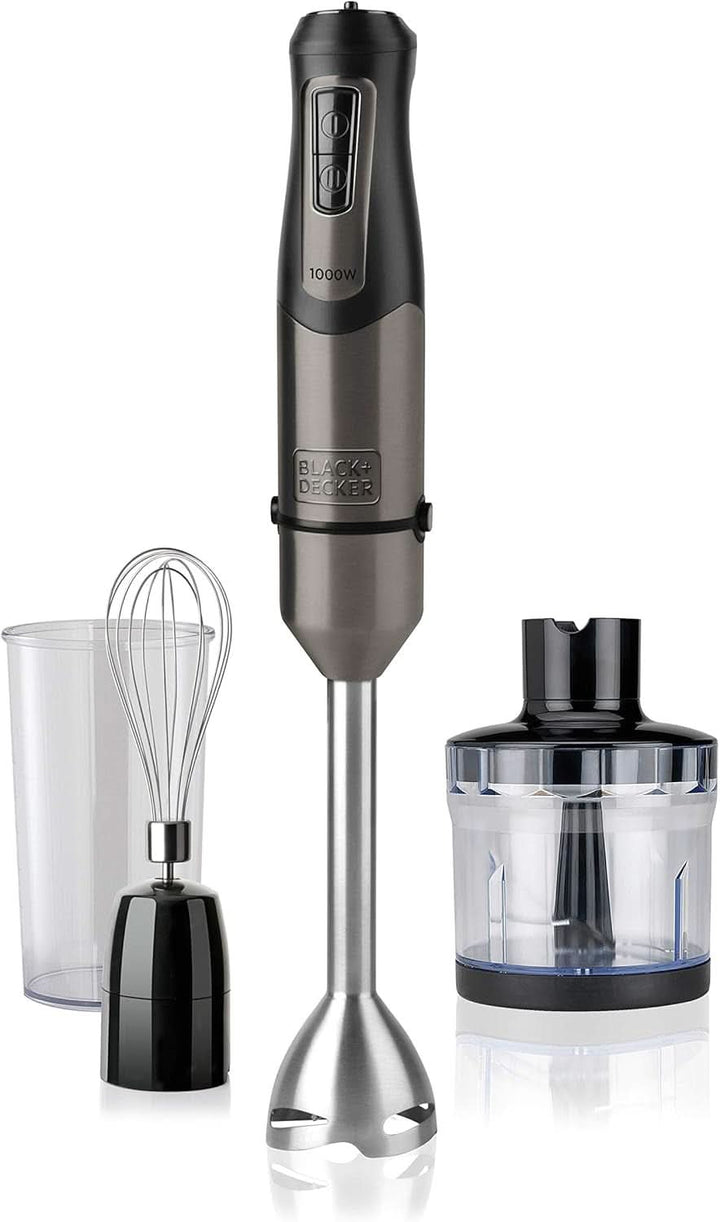 BLACK+DECKER Stabmixer | BXHBA1500E | 1500 Watt | 20 Geschwindigkeiten | Turbo | Edelstahl | Spritzschutz | Inklusive Pürieraufsatz, Schneebesen, Zerkleinerer Und Messbecher Bucatarie Naty Shop Single 3 Zubehörteile 1000W