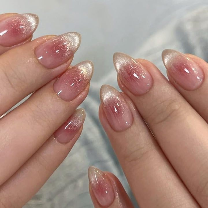 Mouyouglow Unghii False Magnetice Scurte, Roz Migdala Roșu Gradient Sclipici Cat Eye cu Lipici, Unghii Artificiale Roz Roșu Ombre Sclipici Fototerapie Pentru Femei și Fete