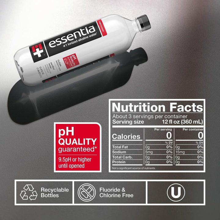 Essentia 1 Liter Bottled Water; 99.9% Pure, Infused with Electrolytes for a Smooth Taste, Ph 9.5 or Higher; Ionized Alkaline Water Apa USA Naty Shop