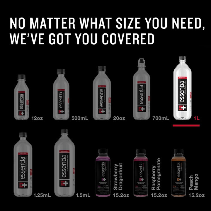 Essentia 1 Liter Bottled Water; 99.9% Pure, Infused with Electrolytes for a Smooth Taste, Ph 9.5 or Higher; Ionized Alkaline Water Apa USA Naty Shop