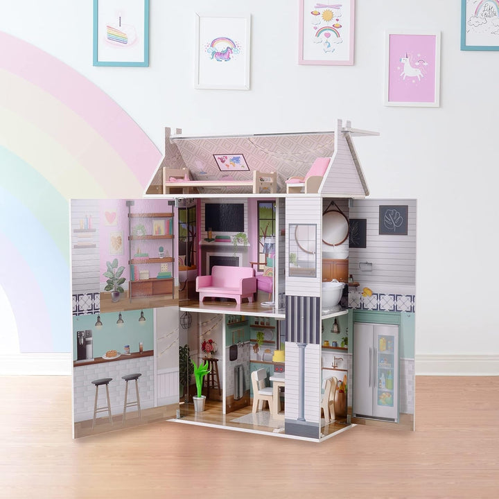 Olivia'S Little World Dreamland Farmhouse Kids Interactive Wooden Dollhouse 3 etaje cu 13 accesorii de mobilier pentru păpuși alb TD-13632A Casute de papusi Naty Shop