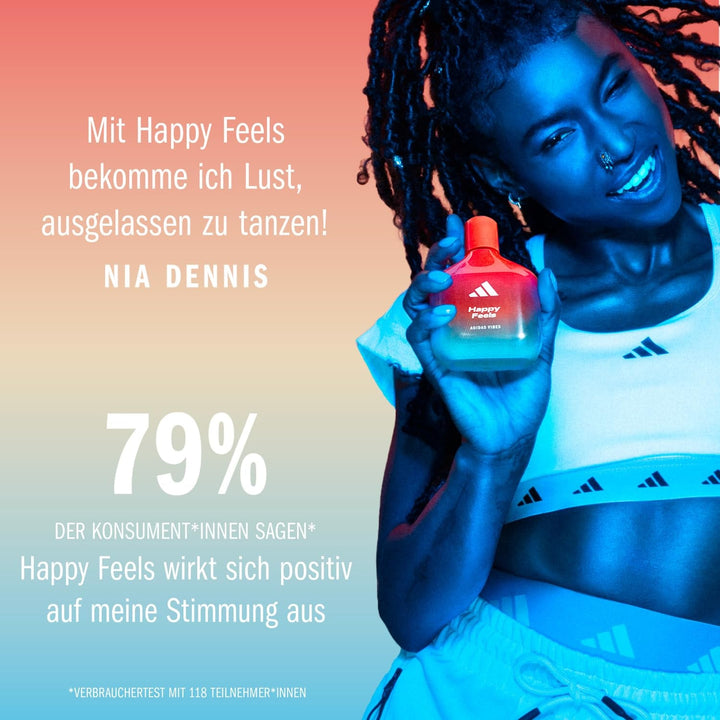 Adidas Vibes Happy Feels Eau De Parfum, un parfum unisex vesel, care îmbunătățește starea de spirit, cu note florale proaspete și uleiuri esențiale naturale, 100 ml