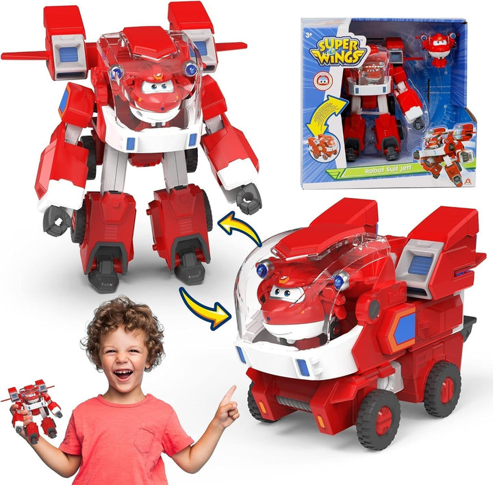 Super Wings EU750322 - Transforming New Robot Suit Donnie, Aprox. 23 cm figurină mare pentru copii, avion de jucărie transformabil și figurină robot, galben Action figures Naty Shop Jett