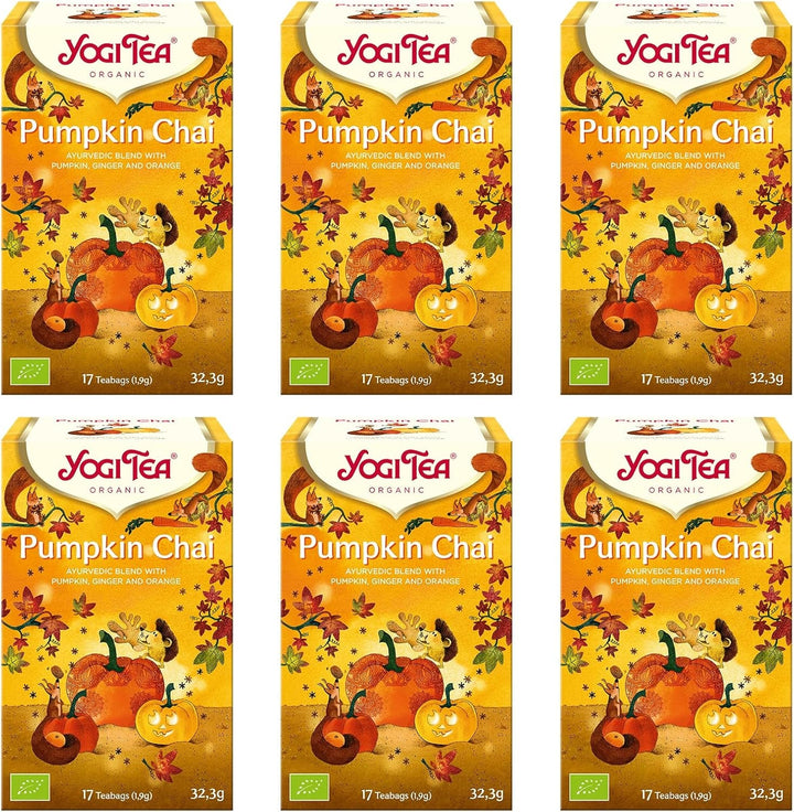 Yogi Tea - Pumpkin Chai, ceai ayurvedic organic cu mirodenii și plante, fără cofeină din natură, amestec de dovleac, ghimbir și portocală, Yogi Tea pachet de 6, 6X17 pliculețe (102 pliculețe de ceai în total)