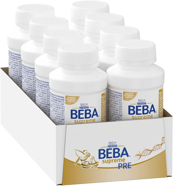 BEBA SUPREME PRE Lapte inițial gata de băut de la naștere, hrană pentru bebeluși cu DHA, doar lactoză, fără ulei de palmier, pachet de 8 (8 x 200 ml) Mama si Copilul Naty Shop Set sticle 8 x 200 ml