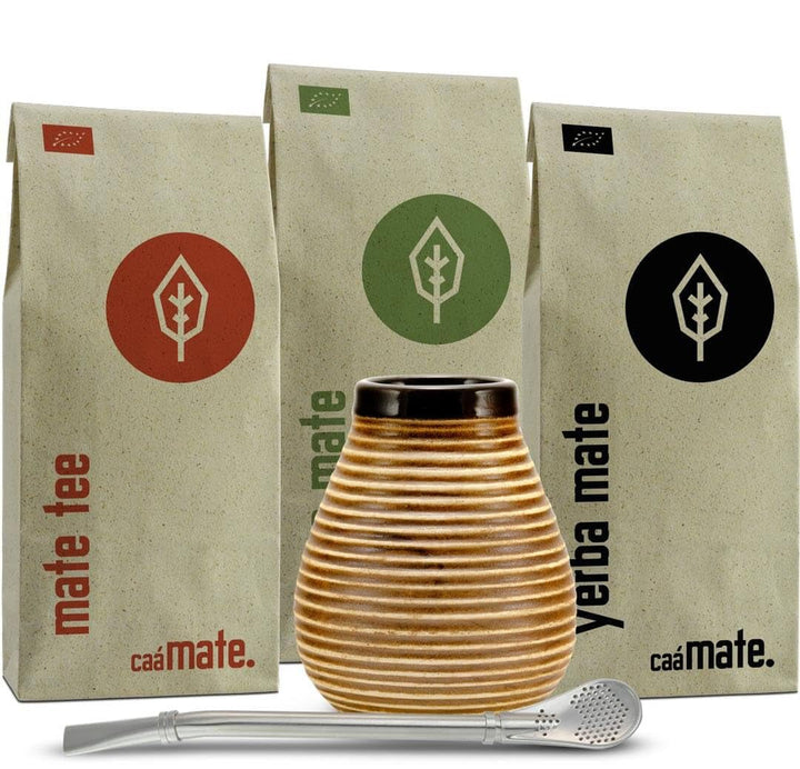 Set de ceai Mate din ceramică ● 3 sortimente de Mate BIO + cană Mate + Bombilla + instrucțiuni de preparare (Vintage)