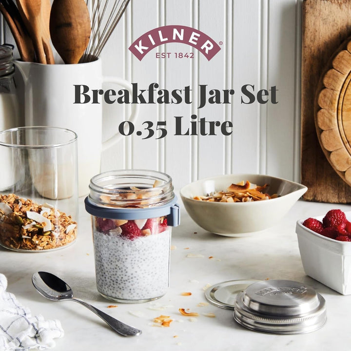 Borcan de mic dejun Kilner cu lingură / 350 ml, Ø 9,5 cm / 5 piese | cană pentru muesli la pachet / non-toxic / recipient din sticlă cu capac pentru muesli, terci și iaurt / recipient pentru ovăz peste noapte Cutii depozitare alimente Naty Shop