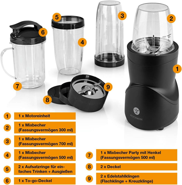 Smoothie Maker 12-Tlg | To-Go Deckel & 4 Mixbehälter | Für Obst, Gemüse & Nüsse | Mit Ice-Crush Funktion | Mini-Standmixer Zum Mixen, Rühren, Zerkleinern, Mahlen, Hacken & Pürieren | Bpa-Frei Bucatarie Naty Shop