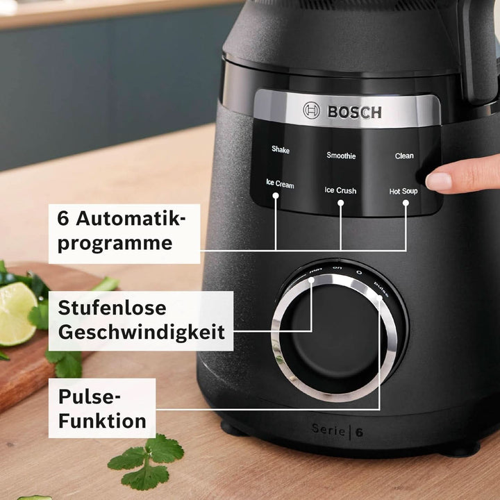 Highspeed-Standmixer Vitapower Serie 6 MMBD665B1, 45.000 U/Min, 6 Programme Inkl Heiße Suppe & Reinigung, 2 L Mixbehälter, Stopfer, Spülmaschinenfeste Teile, Made in Europe, 1800W, Schwarz Bucatarie Naty Shop