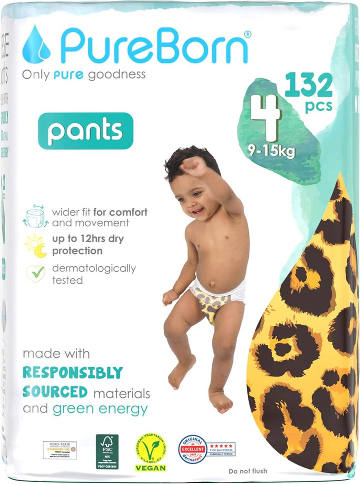 Scutece Pureborn Baby Premium Pantaloni, protectie optima zi si noapte, testate dermatologic, ultra moi, prietenoase cu pielea Mama si Copilul Naty Shop Mărimea 4 (132 bucăți)