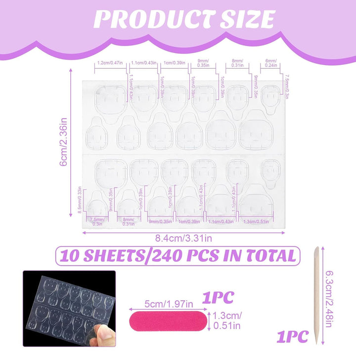 240 de bucăți de tampoane de lipici pentru unghii, tablă adezivă pentru unghii false, 10 coli de autocolante transparente, respirabile, super lipicioase, față-verso (gel jelly) pentru manichiură și unghii artificiale, inclusiv set de manichiură