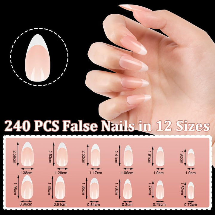 Set de 240 de vârfuri pentru unghii false, unghii false franțuzești pentru lipit, set de unghii franțuzești cu presă, 12 mărimi, unghii false cu lipici pentru femei și bărbați (alb nud mediu migdală)