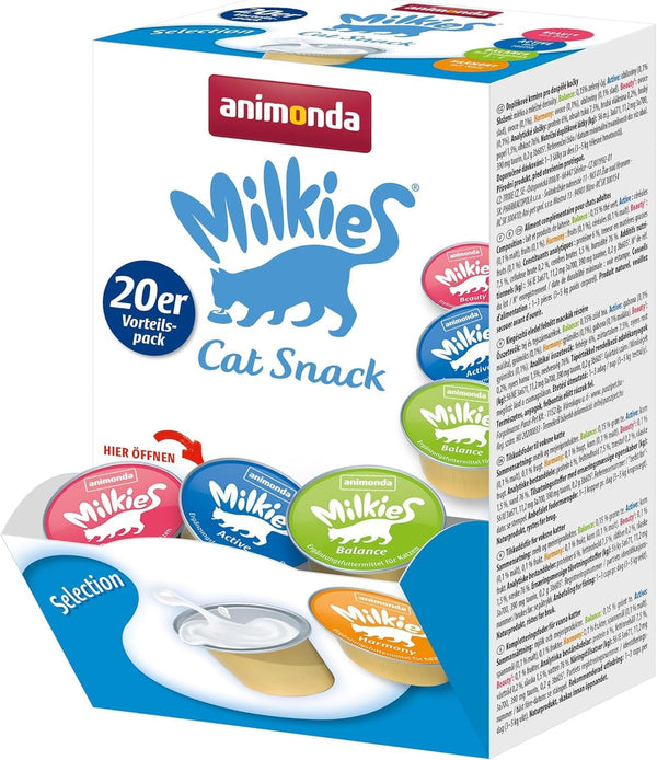 Animonda Milkies Selection (20 cupe À 15 G), lapte de pisică ușor digerabil pentru pisici adulte, pachet valoric practic cu 20 de cupe de lapte de pisică, gustare cu lapte fără soia și zahăr
