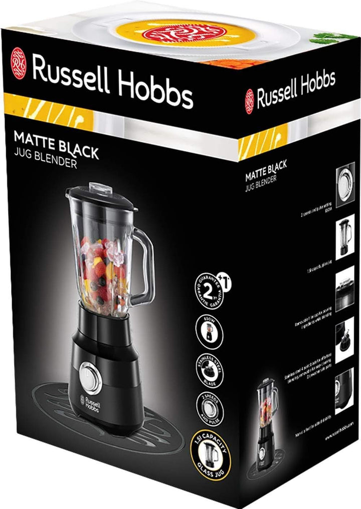 Russell Hobbs Standmixer [1,5L Glasbehälter] Matt Schwarz (Starker 0.9PS Motor, Impuls-/Ice-Crush-Funktion, Edelstahlmesser, Bpa-Frei Mixer, Elektrischer Zerkleinerer, Smoothie-Maker) 24722-56 Bucatarie Naty Shop