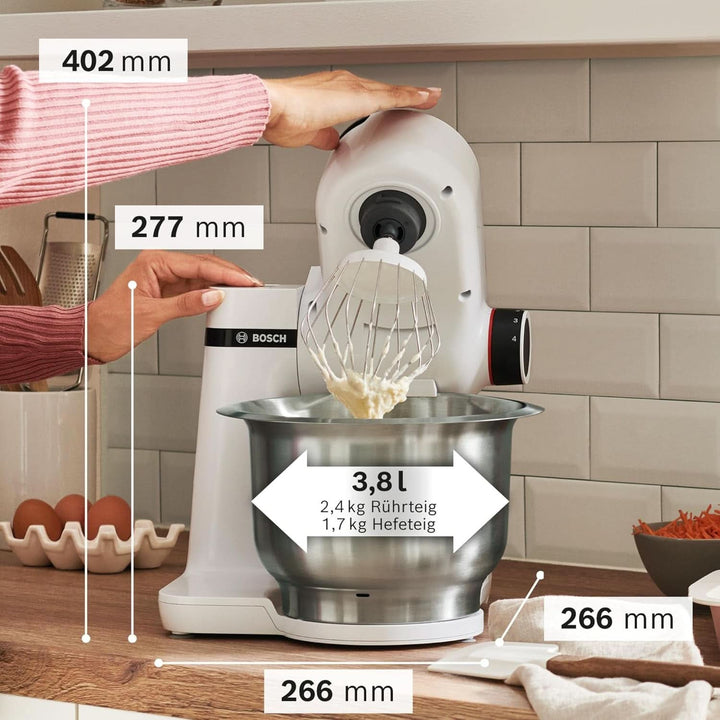 Bosch Küchenmaschine Serie 2 MUMS2EW00, Edelstahl-Schüssel 3,8 L, Planetenrührwerk, Knethaken, Schlag-, Rührbesen Edelstahl, 4 Arbeitsstufen, Durch Optionales Zubehör Erweiterbar, 700W, Weiß Bucatarie Naty Shop