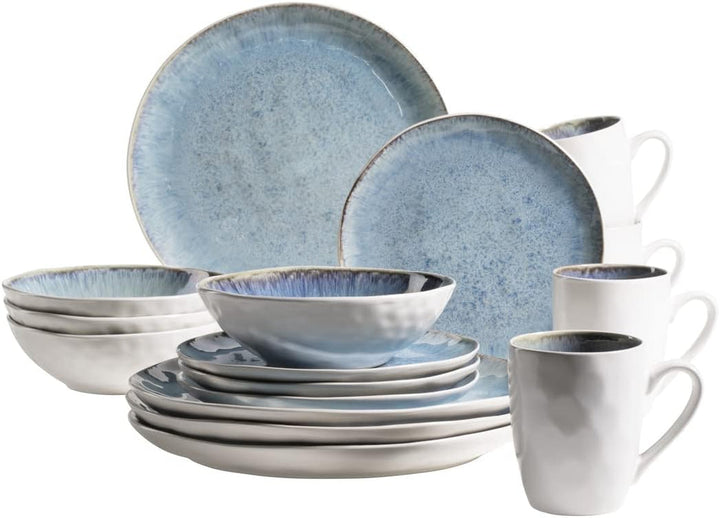 MÄSER Serie Frozen, Geschirr Set Aus Keramik Für 4 Personen, 16-Teiliges Kombiservice Mit Organischen Formen, Farblich Gesprenkeltes Service, Steinzeug, Türkis-Grün Seturi vesela masa Naty Shop Blau