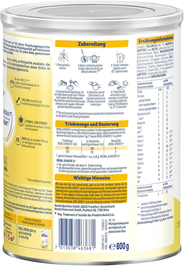Nestle BEBA Junior 2+, de la a 2-a aniversare, mâncare pentru copii cu HMO 2'-FL, numai lactoză, fără ulei de palmier, pachet 3 (3 x 800 g) Mama si Copilul Naty Shop