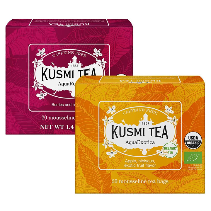 Kusmi Tea - pachet de 2 - Aquaexotica + Aquarosa - ceai de hibiscus cu mere, măceșe și fructe de pădure negre - ceai de fructe organic fără teină - se poate consuma cald sau rece - 2X20 pliculețe de ceai