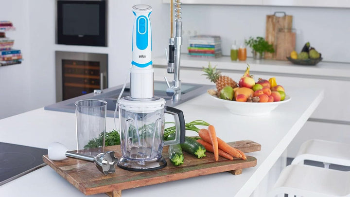 Braun Stabmixer MQ 5260WHBL Stabmixer – Multiquick 5 Vario Pürierstab Mit Edelstahl Mixfuß Und Spiralschneider, 1000 Watt, Inkl. Umfangreiches Zubehör-Set, Weiß/Blau Mama si Copilul Naty Shop