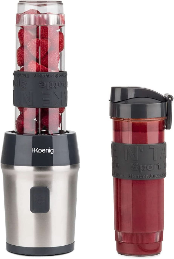 H.Koenig Smoothie Maker SMOO9 - Mini Standmixer - Mini Blender - 300 Watt - 570 Ml - Edelstahl - 2 Kunststofflaschen - Bpa-Frei, Grau Bucatarie Naty Shop Grau
