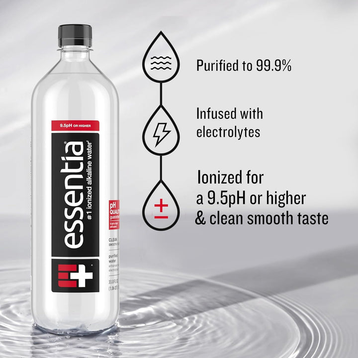 Essentia Water Bottled, Ionized Alkaline Water:99.9% Pure, Infused with Electrolytes, 9.5 Ph or Higher with a Clean, Smooth Taste, 1 Litre (Pack of 12) Apa USA Naty Shop