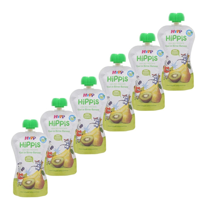 Pungi de stoarcere Hipp Super-Hippis, acerola de rodie in mere-zmeura, fructe 100% bio fara zahar adaugat, 6 pungi de 100 g Mama si Copilul Naty Shop 6 x 100 grame Kiwi, pere, banane