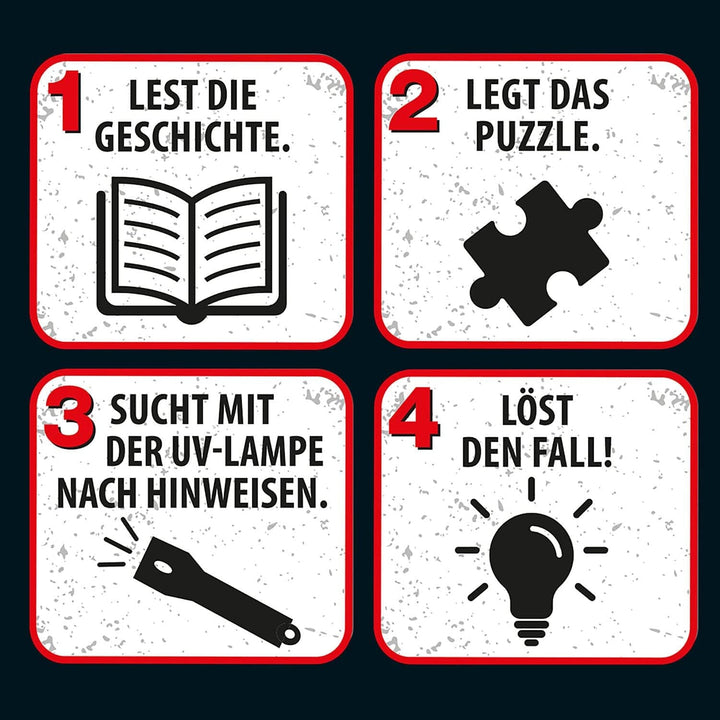 The Three ??? - Crime Puzzle - The Villa of the Puzzles By KOSMOS 697976, 300 piese, Strălucește în întuneric, Cu lampă UV, Citire, Puzzle, Rezolvarea puzzle-urilor, Puzzle detectiv De la 10 ani Puzzle Naty Shop