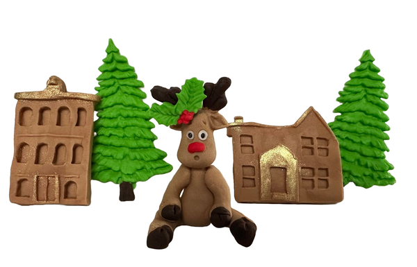 Set 5 decoratiuni comestibile din zahar, Orasul lui Mos Craciun Decoratiuni din Pasta de Zahar Nati Shop