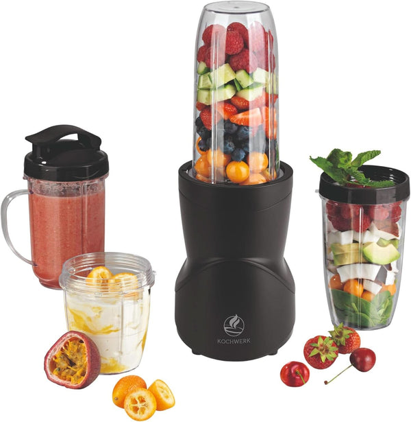 Smoothie Maker 12-Tlg | To-Go Deckel & 4 Mixbehälter | Für Obst, Gemüse & Nüsse | Mit Ice-Crush Funktion | Mini-Standmixer Zum Mixen, Rühren, Zerkleinern, Mahlen, Hacken & Pürieren | Bpa-Frei Bucatarie Naty Shop Schwarz
