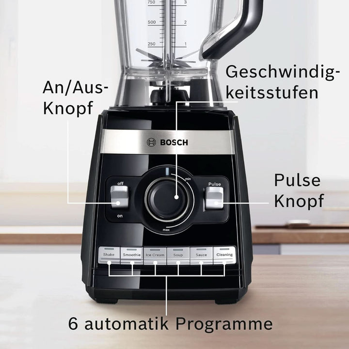 Bosch Standmixer Vitaboost MMBH6P6BDE, 6-Klingen-Edelstahlmesser, 2,5L Tritan-Mixbehälter, Stopfer, 6 Automatikprogramme, Rezeptbuch, Bpa-Frei, Einfache Reinigung, 45,000 U/Min, 1600 W, Schwarz Bucatarie Naty Shop