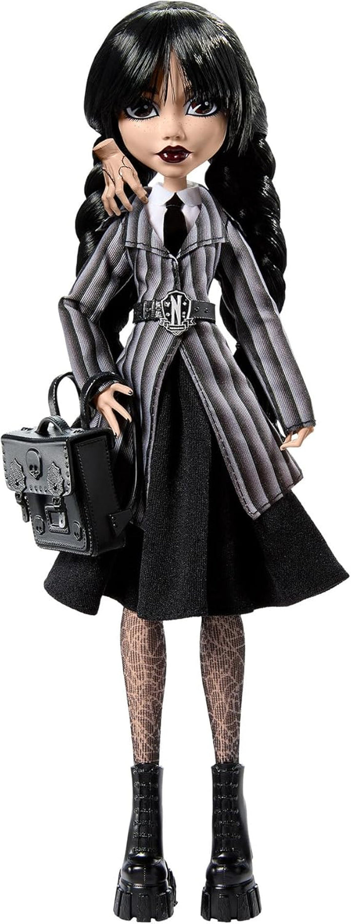 Păpușă și accesorii Monster High Wednesday, figurină de colecție Wednesday Addams în uniforma Nevermore Academy cu mână și rucsac Icy Cold, suport pentru păpușă, HXJ04 Papusi Naty Shop