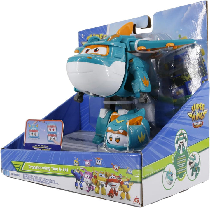 Super Wings EU770447 - Transforming Tino & Pet, figură de joacă transformabilă cu înălțimea de aprox. 14,5 cm și animal de companie cu înălțimea de aprox. 4,3 cm, pentru copii cu vârsta de peste 3 ani Action figures Naty Shop