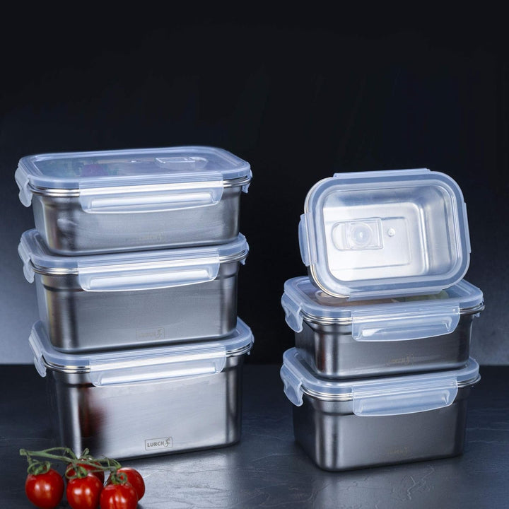 Lurch 240895 Cutie de prânz Cutie de siguranță/de depozitare din oțel inoxidabil de înaltă calitate cu capac din plastic fără BPA 2000ml, transparent Cutii depozitare alimente Naty Shop