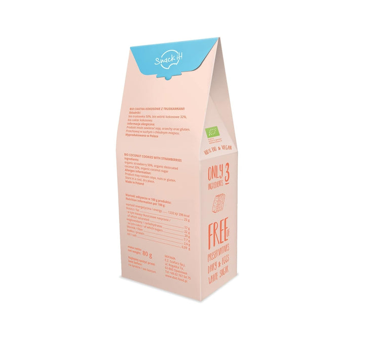 DIET-FOOD Fursecuri organice cu așchii de cocos și căpșuni Gustare sănătoasă Fursecuri delicioase pentru birou, fără conservanți 80 g (1 pachet)