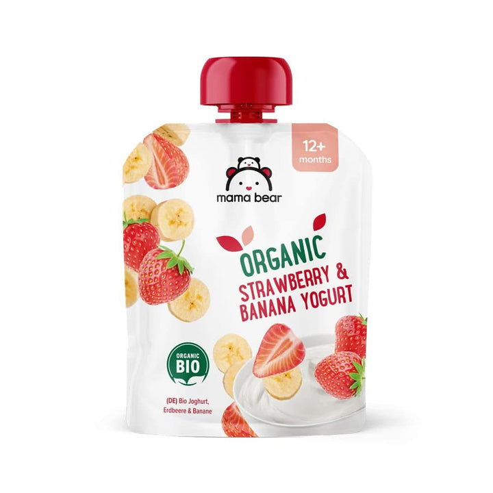 Mama Bear Preparat organic din iaurt, căpșuni, banane și iaurt, vegetarian, 90 grame (pachet de 6) Mama si Copilul Naty Shop