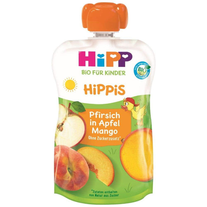 Pungi de stoarcere Hipp Super-Hippis, acerola de rodie in mere-zmeura, fructe 100% bio fara zahar adaugat, 6 pungi de 100 g Mama si Copilul Naty Shop 6 x 100 grame Piersică Măr Mango