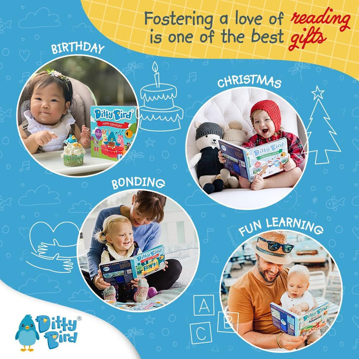 DITTY BIRD Baby Sound Book: Prima noastră aniversare interactivă. Jucărie pentru bebeluși 10 butoane sonore cu sunet, cântece și muzică. Carte de cântece interactivă pentru învățarea copiilor bilingvi engleză de la 1 an. Jucarii Bebe Naty Shop